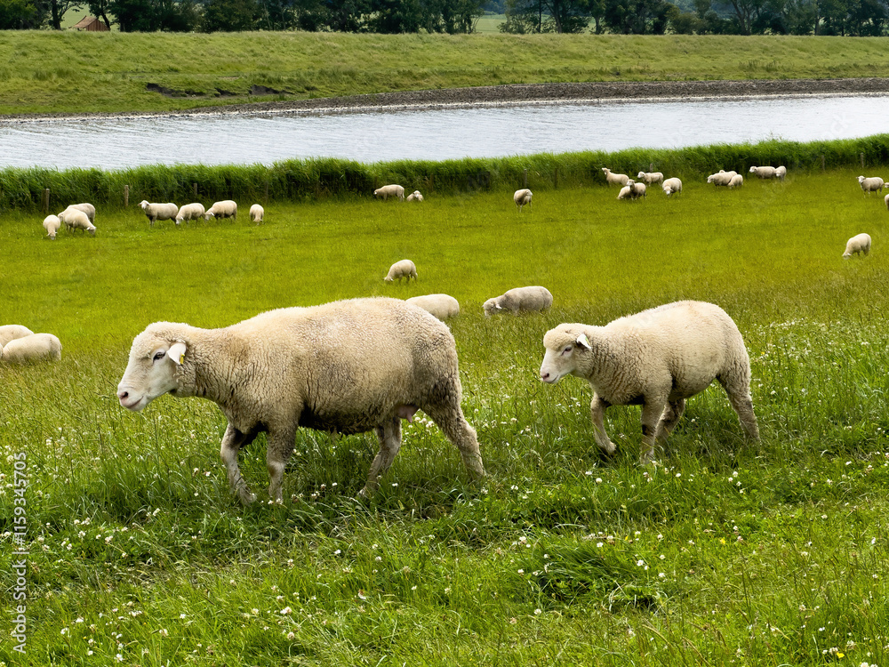 Zwei Schafe laufen im Vordergrund einer Herde über eine grüne Wiese Zwei Schafe laufen im Vordergrund einer Herde über eine grüne Wiese