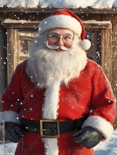 Santa Claus portrait from face to stomach, round happy face, rosy cheeks, white beard long flowing, blue eyes, portly figure, wearing a red suit, suit trimmed with white fur.
