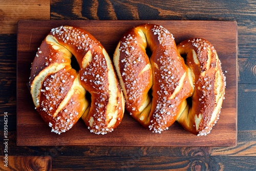 Soft and chewy pretzels topped with coarse salt on a rustic wooden board photo