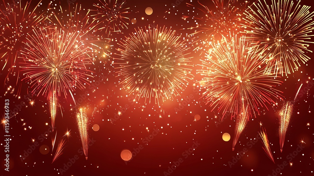Fototapeta premium Christmas Fireworks Night Snowy Landscape with Golden Trees