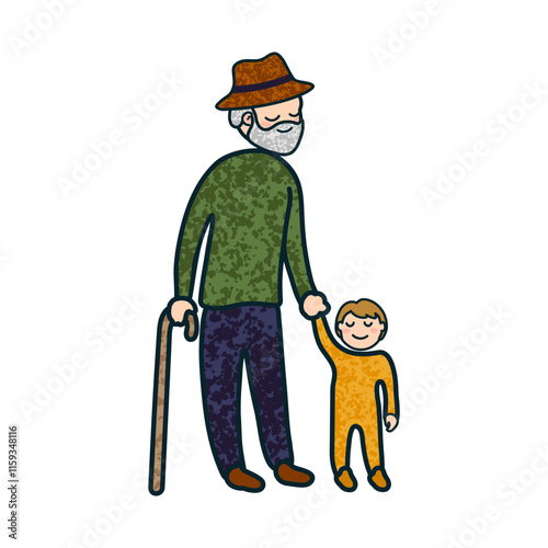 Vector Colorful Cartoon Illustration of a Grandfather With Grandson Isolated on White Background