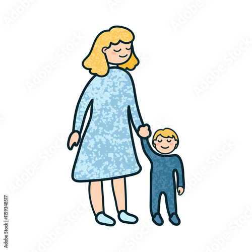 Vector Colorful Cartoon Illustration of a Woman with a Son Isolated on White Background