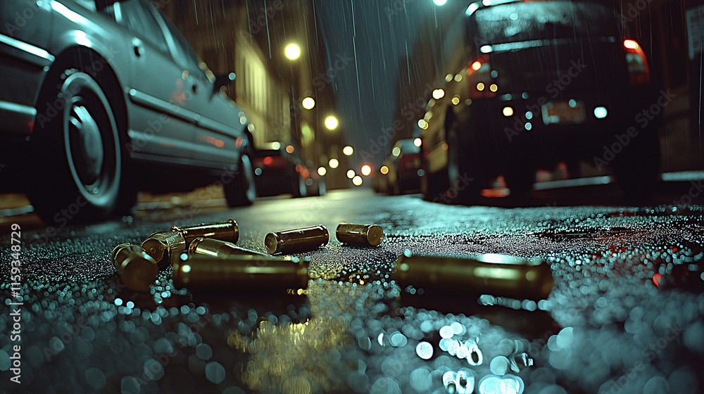 Gunfire incident in rainy urban street bullet casings on ground night time city view