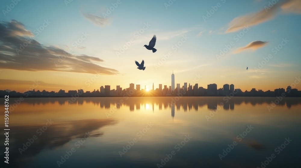 Obraz premium Serene Sunset Over Urban Skyline Reflected in Calm Water with Flying Birds and Vibrant Colors Enhancing the Tranquility of City Life at Dusk