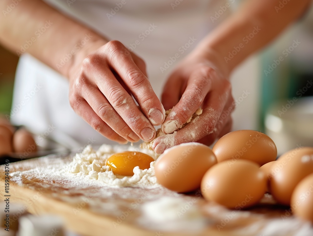 closeup on baking hands who are preparing a dough, a separated egg in the flour, many eggs lying next to it, a professional chef in the background closeup on baking hands who are preparing a dough, a separated egg in the flour, many eggs lying next to it, a professional chef in the background