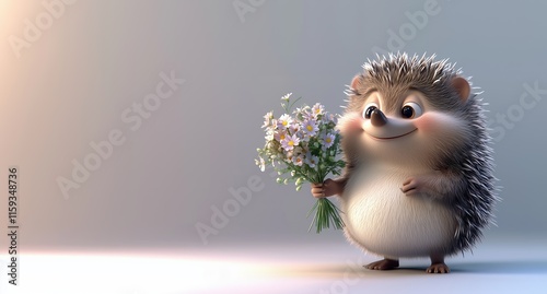 a cartoon of a cute chubby whimsical hedgehog holding a bouquet of flowers photo