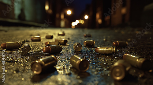 Gunfire aftermath bullets litter streets of abandoned city night scene urban environment