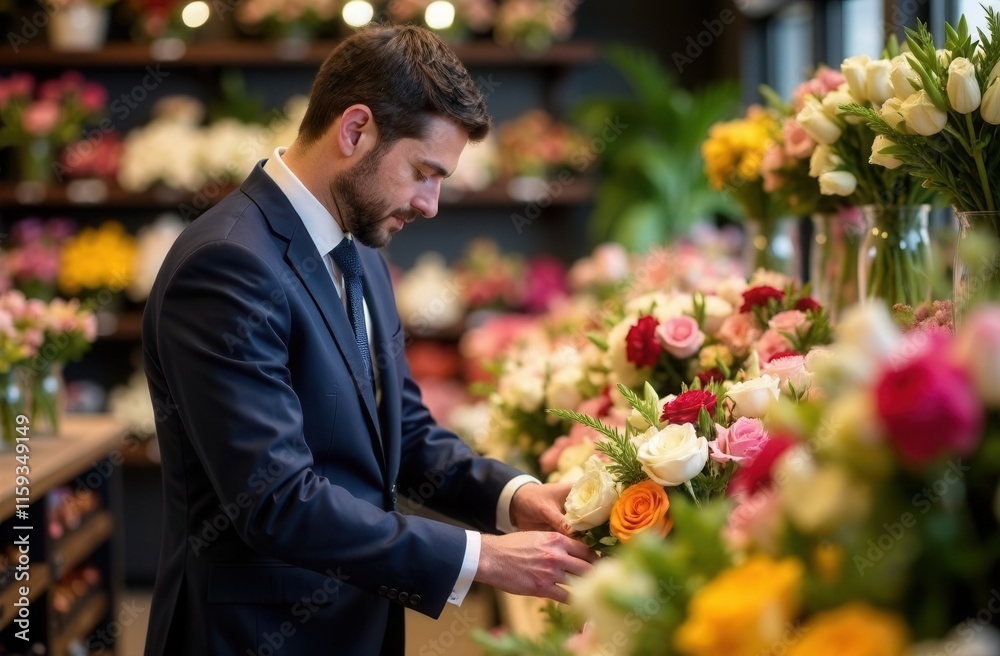 a man chooses a bouquet in a flower shop full of bouquets a man chooses a bouquet in a flower shop full of bouquets