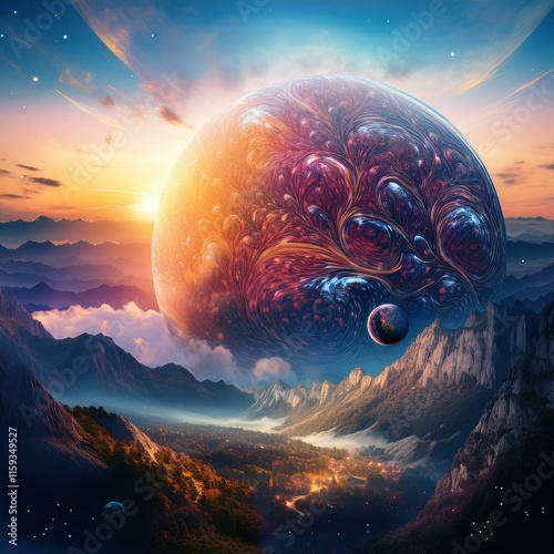 surreal, imaginative illustrations blending realistic and fantastical elements. Include dreamy settings, dreamscapes, cosmic elements, and abstract concepts to evoke a sense of wonder and creat