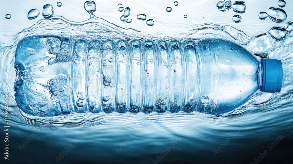 A plastic water bottle is floating in clear water. Bubbles surround it, capturing light reflections, creating a tranquil and refreshing composition. Generative AI A plastic water bottle is floating in clear water. Bubbles surround it, capturing light reflections, creating a tranquil and refreshing composition. Generative AI