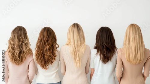 Five women with different hair colors are standing next to each other