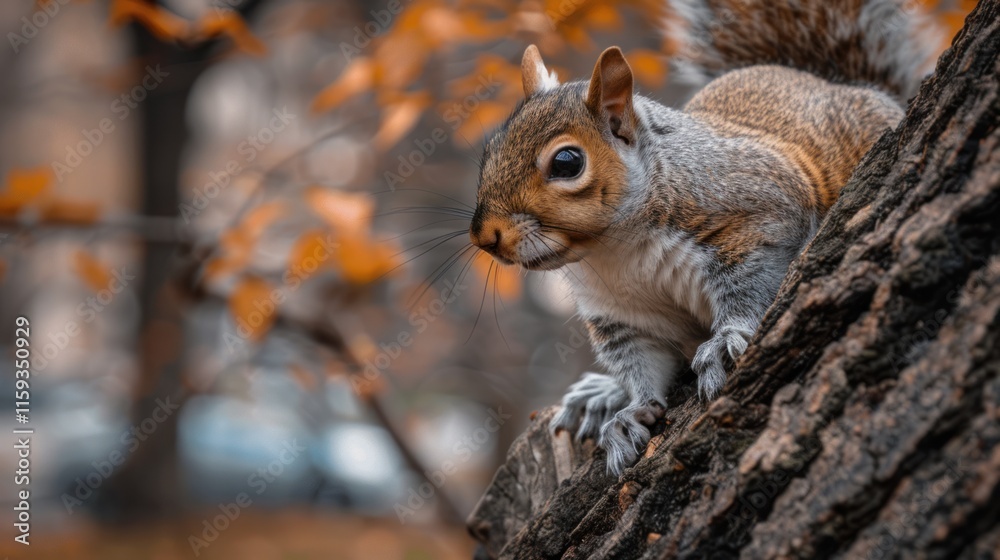 Squirrel climbs tree, autumn leaves blurred background. Squirrel climbs tree, autumn leaves blurred background.