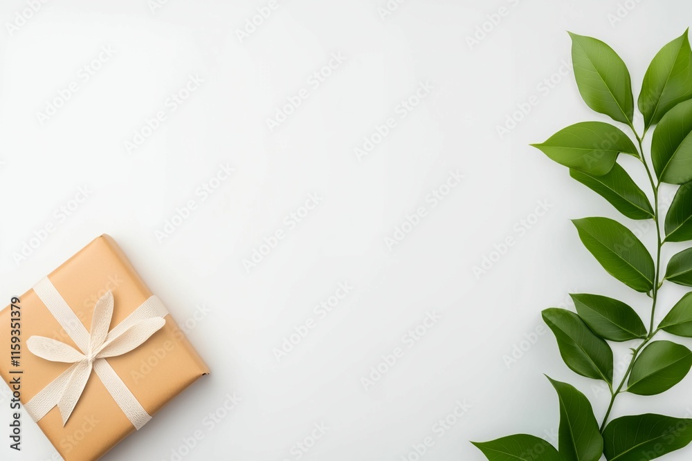 Fototapeta premium Brown box with a white ribbon sits on a white background