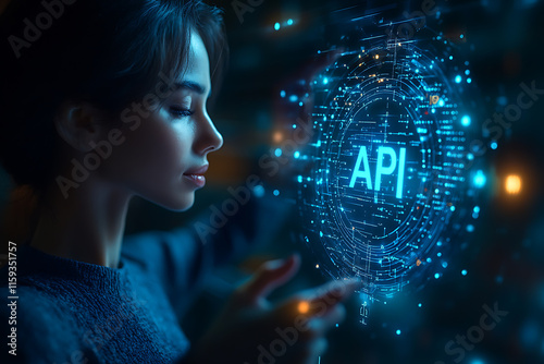  modern concept of API (Application Programming Interface) showing a person holding a glowing holographic API  interface, symbolizing innovation, connectivity, and technology integration