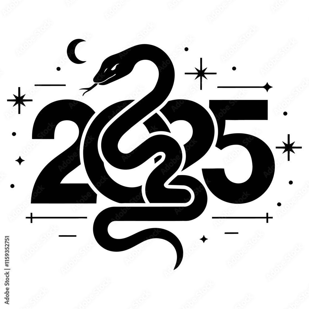 Fototapeta premium modern minimalist illustration of a snake intertwined with the year 2025, surrounded by celestial elements like stars and a crescent moon, perfect for new year or zodiac themes