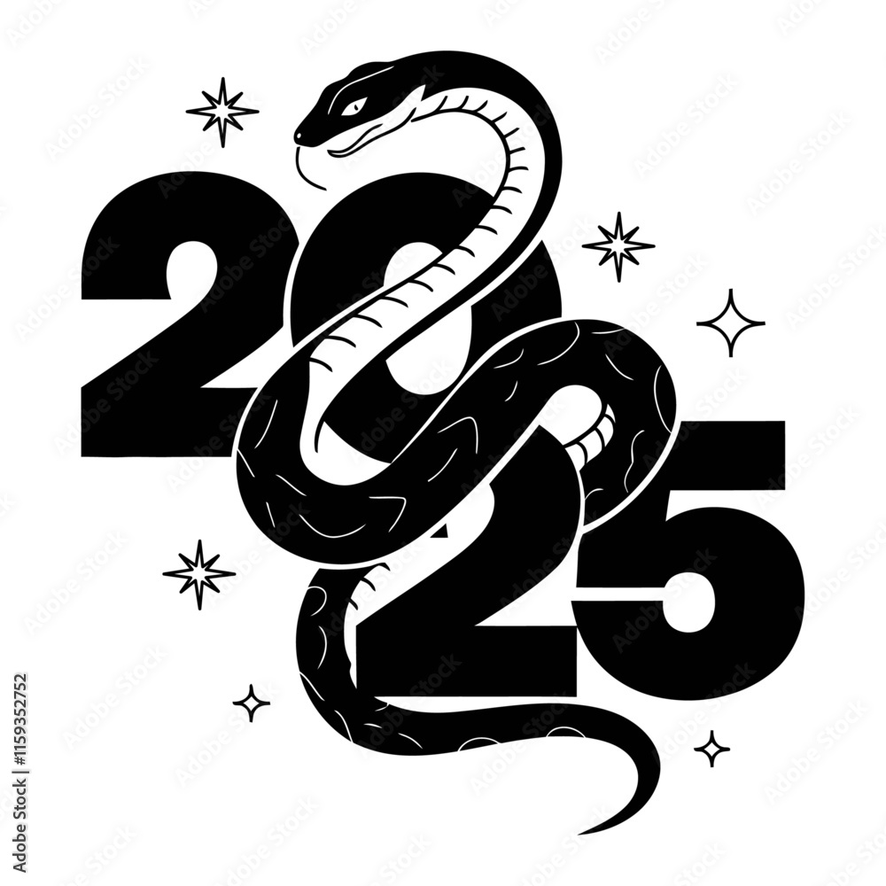 Fototapeta premium elegant black and white illustration of a snake wrapped around the year 2025, featuring minimalist stars and celestial elements, ideal for zodiac, astrology, or new year designs