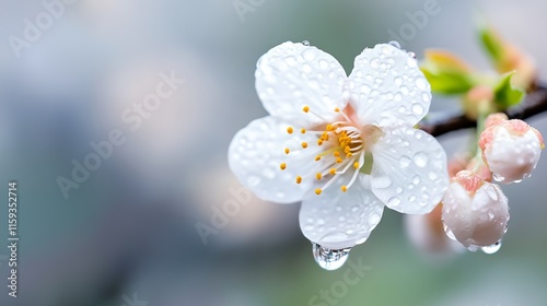 White flower with a yellow center is on a branch