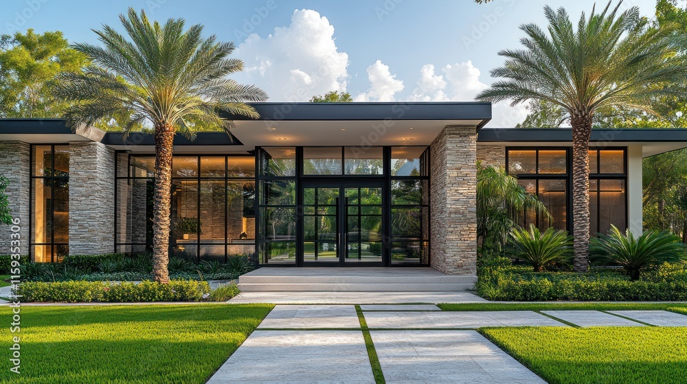 Modern luxury home exterior with stone facade, glass doors, and palm trees. Modern luxury home exterior with stone facade, glass doors, and palm trees.