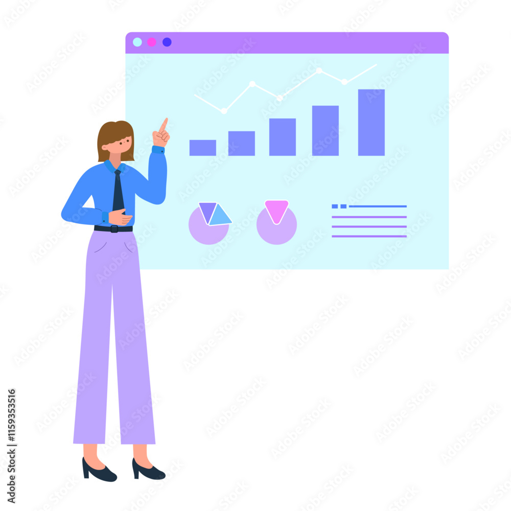 businesswoman presenting data charts and graphs during meeting flat vector illustration businesswoman presenting data charts and graphs during meeting flat vector illustration