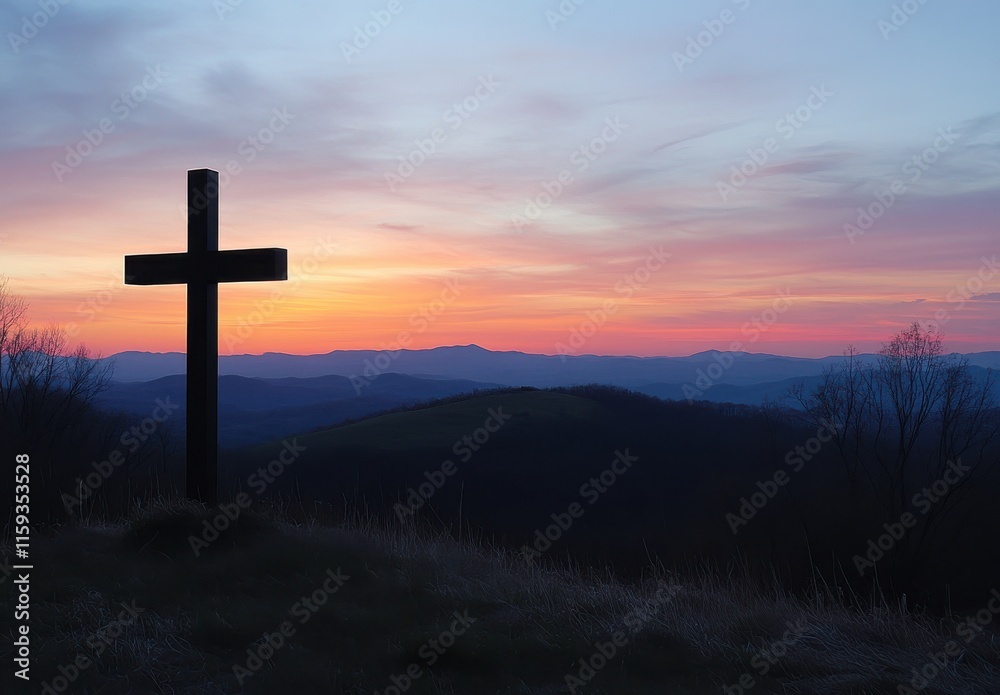 Serene Mountain Sunrise with Cross Silhouette Against Colorful Sky and Rolling Hills at Dusk, Symbolizing Faith, Hope, and Tranquility in Nature's Embrace Serene Mountain Sunrise with Cross Silhouette Against Colorful Sky and Rolling Hills at Dusk, Symbolizing Faith, Hope, and Tranquility in Nature's Embrace