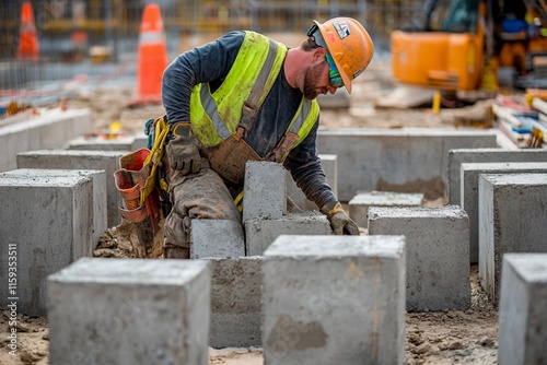 Dedicated construction worker carefully placing concrete blocks at a building site photo