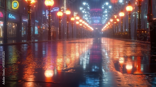 Neon lights reflecting on wet pavement in a metropolitan street, with rows of luminous streetlights forming a captivating walkway in the rain.