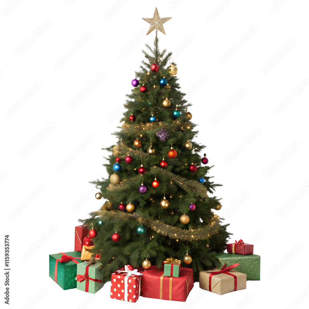 Decorated Christmas Tree with Gifts Isolate On Transparent Background Cutout, PNG file, Cutout file Decorated Christmas Tree with Gifts Isolate On Transparent Background Cutout, PNG file, Cutout file