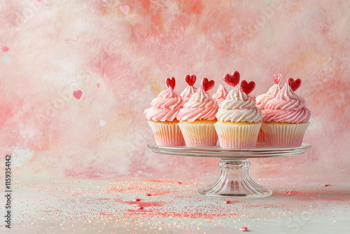 Valentine's Day still life, an arrangement of cupcakes with swirled pink and red frosting, topped with delicate sugar hearts, placed on a glass cake stand surrounded by scattered edible glitter  photo