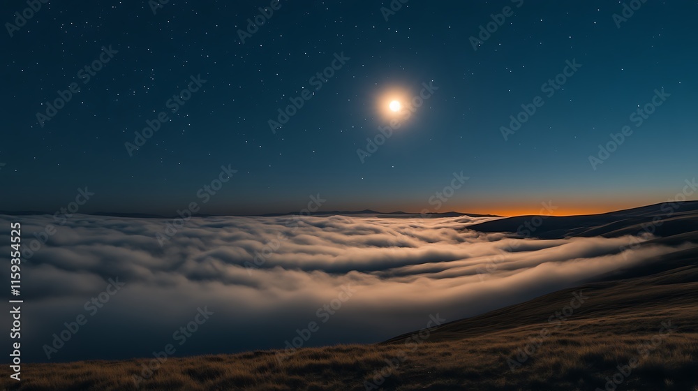 Fototapeta premium Night Sky Moonlit Mountainscape Above Cloudscape