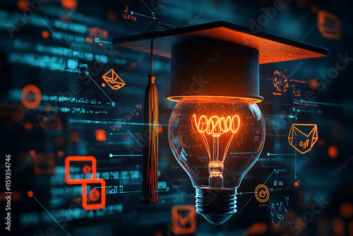 A glowing lightbulb intertwined with a graduation cap icon, surrounded by digital network lines and symbols, symbolizing innovative e-learning concepts