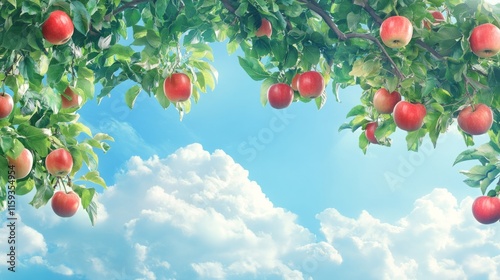 Apple tree branch with red apples hanging, orchard under blue sky generative ai