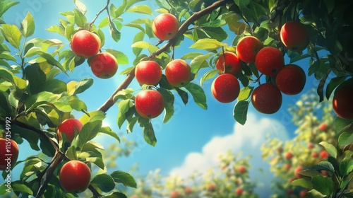 Apple tree branch with red apples hanging, orchard under blue sky generative ai