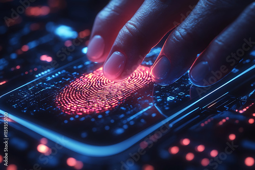 a hand pressing a smartphone screen to scan their fingerprint, with a glowing authentication graphic displayed on the device