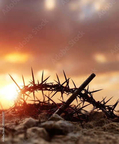Thorny Crown on Sandy Ground at Sunset, Symbolizing Suffering and Sacrifice in a Beautiful Natural Landscape with Dramatic Clouds