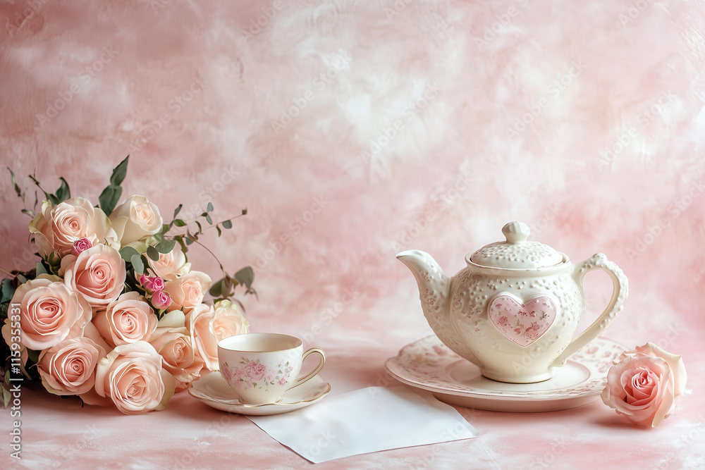 Valentine's Day still life, a romantic tea set with a heart-shaped teapot and matching cups, placed next to a bouquet of roses and a handwritten love letter, isolated on a soft blush pink background Valentine's Day still life, a romantic tea set with a heart-shaped teapot and matching cups, placed next to a bouquet of roses and a handwritten love letter, isolated on a soft blush pink background
