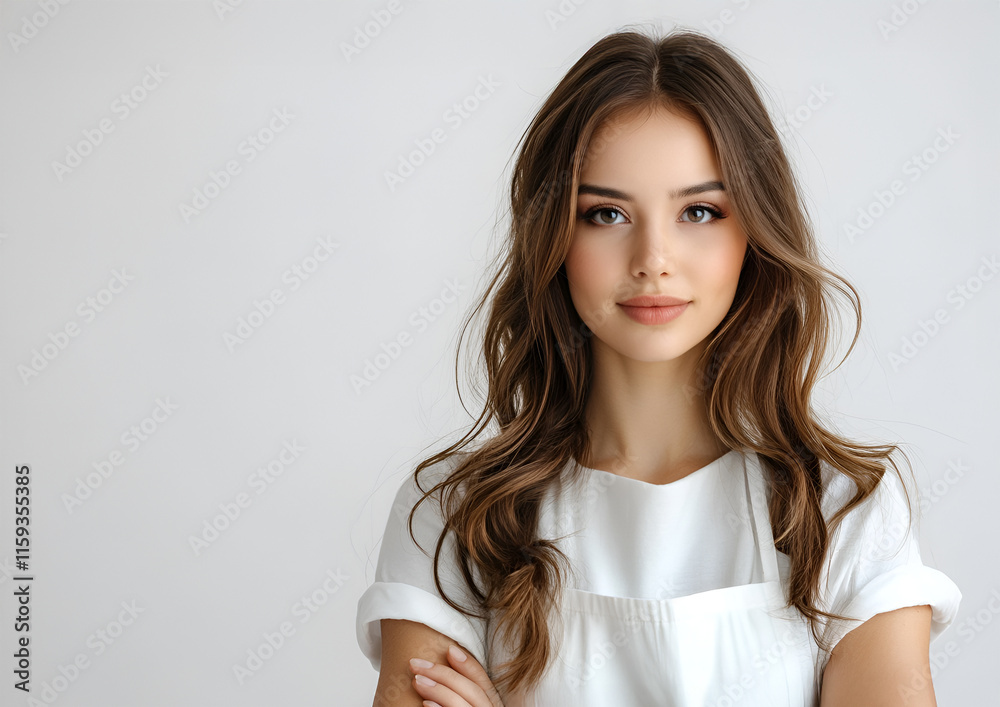 Portrait of beautiful naturally brunette woman, smiling and looking in camera with white teeth. Close-up portrait of cute female girl isolated on white background. Portrait of beautiful naturally brunette woman, smiling and looking in camera with white teeth. Close-up portrait of cute female girl isolated on white background.
