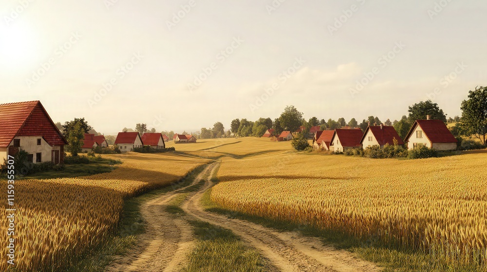 A charming countryside village with red-roofed houses nestled among vast fields of golden wheat under a clear, bright sky. Dirt paths wind through the fields A charming countryside village with red-roofed houses nestled among vast fields of golden wheat under a clear, bright sky. Dirt paths wind through the fields