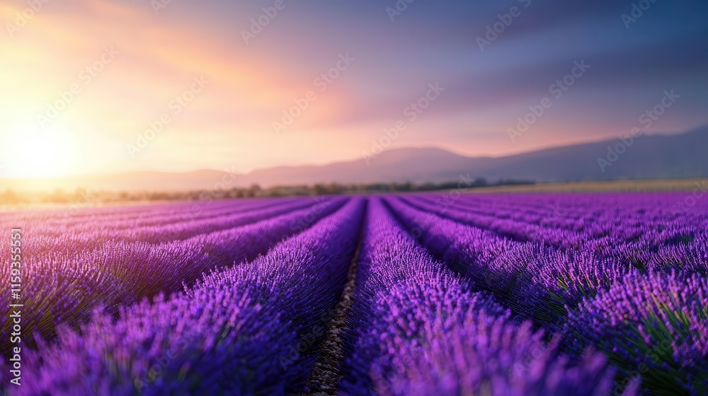 Obraz premium French lavender fields in acrylics, soft purples blending into golden sunlight and blue sky