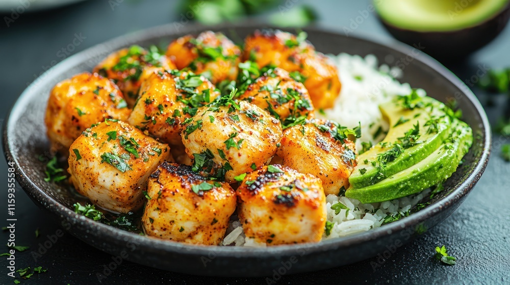 Pan-seared fish with rice and avocado. Pan-seared fish with rice and avocado.