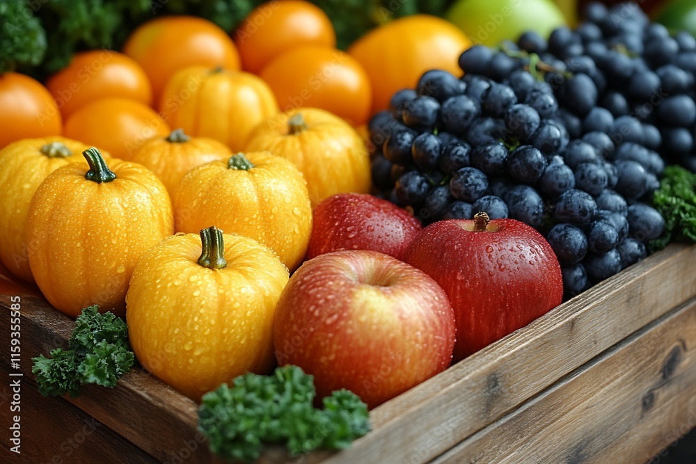 Colorful autumn fruits and pumpkins in wooden crate. Colorful autumn fruits and pumpkins in wooden crate.