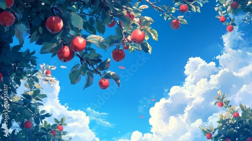 Apple tree branch with red apples hanging, orchard under blue sky generative ai