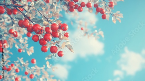 Apple tree branch with red apples hanging, orchard under blue sky generative ai