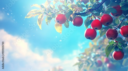 Apple tree branch with red apples hanging, orchard under blue sky generative ai