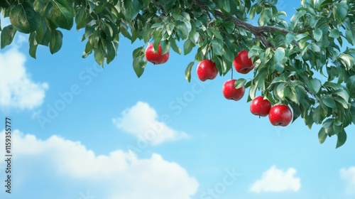 Apple tree branch with red apples hanging, orchard under blue sky generative ai