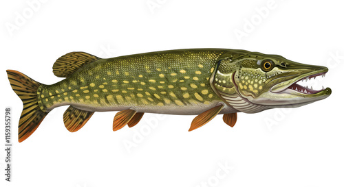 Northern Pike Fish, Swimming Water Animal, Swim Nature Wildlife Image, Isolated Transparent PNG photo