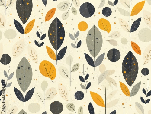 A decorative pattern featuring leaves and circles in earthy tones.