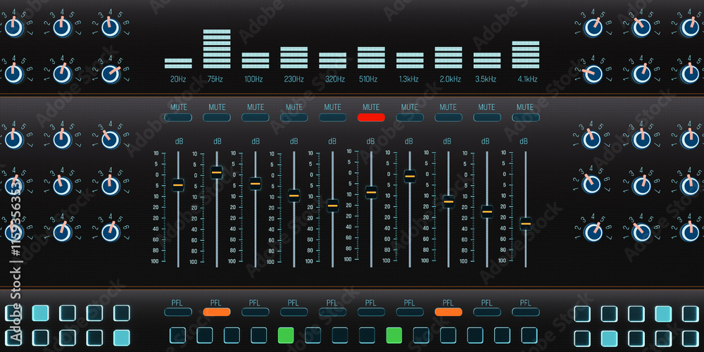 Front view sound mixer user interface with equalizer, volume, decibel display and slide control. Recording studio, adjustment of frequencies and sound parameters. Front view sound mixer user interface with equalizer, volume, decibel display and slide control. Recording studio, adjustment of frequencies and sound parameters.