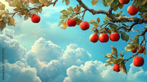 Apple tree branch with red apples hanging, orchard under blue sky generative ai