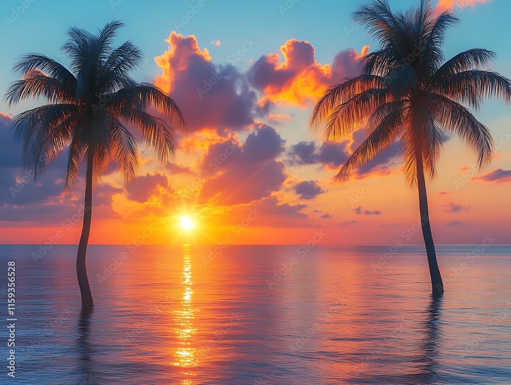 Obraz premium Tropical Sunset Scene with Two Palm Trees in Calm Ocean Waters