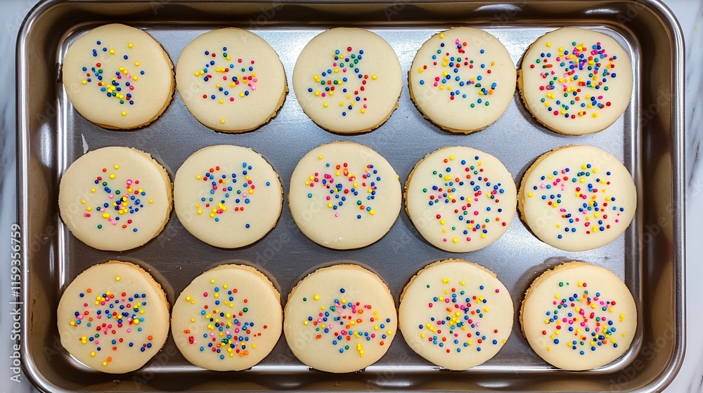Fototapeta premium A baking sheet full of freshly baked sugar cookies, ready to be decorated with icing and sprinkles